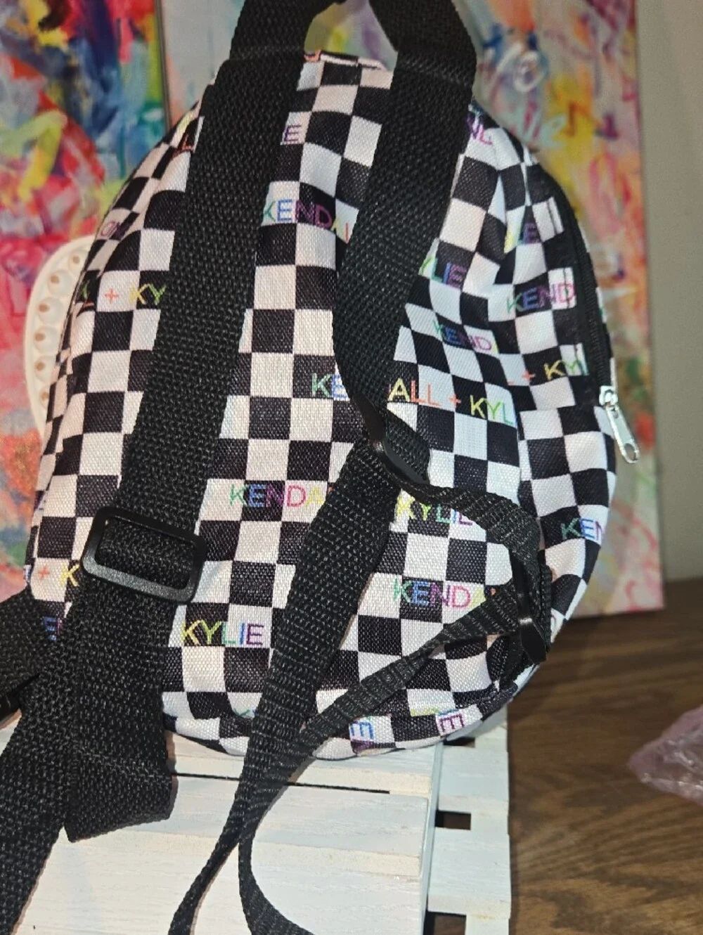 Kendall & Kylie Black White Checkerboard Mini Backpack with Multicolor Logo